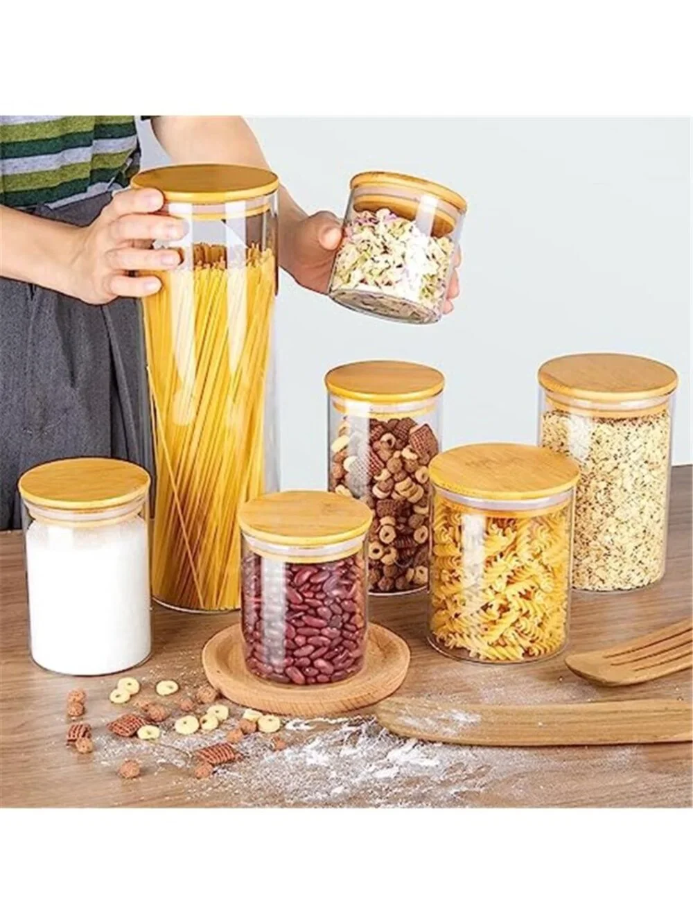Glass Food Storage Jars,7Pack Kitchen Containers with Airtight Bamboo Wooden Lid